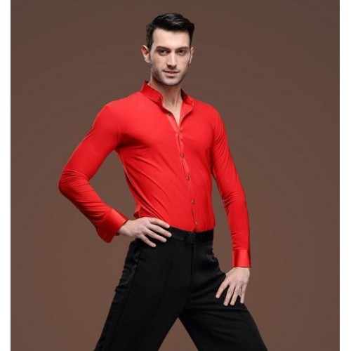 Red stand collar long sleeves men's male competition performance ballroom tango latin waltz dance shirts